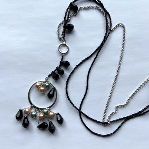Vintage Black & Silver Beaded Long Necklace